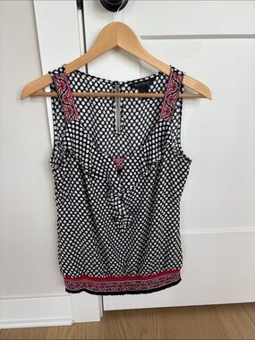 White House Black Market Black & White Polka Dot Sleeveless Top with Pink Trim